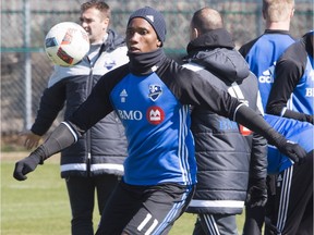 "It's a good rivalry — I can see how fans are excited about that," Impact striker Didier Drogba, practising on April 15, 2016 in Montreal, says of 401 Derby with TFC.