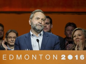 Federal NDP leader Thomas Mulcair gives a concession speech after the party voted for a leadership review during the Edmonton 2016 NDP national convention at Shaw Conference Centre in Edmonton, Alta., on Sunday April 10, 2016.