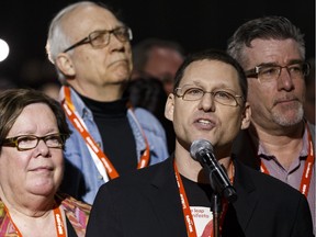 Delegate Avi Lewis speaks in support of the Leap Manifesto during the Edmonton 2016 NDP national convention at Shaw Conference Centre in Edmonton, Alta., on Sunday April 10, 2016. The climate change manifesto passed.
