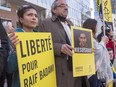 Ensaf Haidar, left, wife of blogger Raif Badawi, takes part in a rally for his freedom Thursday, April 21, 2016 in Montreal.
