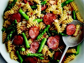 Fresh asparagus and sliced sausage makes this recipe from a new pasta cookbook into a meal-in-one.