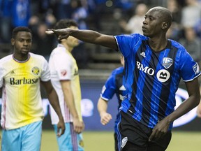 Impact's Hassoun Camara celebrates after scoring against the Columbus Crew SC during second half MLS soccer action in Montreal on Saturday, April 9, 2016.