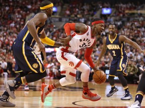Terrence Ross of the Toronto Raptors drives to the basket against the Indiana Pacers in Game One of the Eastern Conference Quarterfinals during the 2016 NBA Playoffs on April 16, 2016, at the Air Canada Centre in Toronto.