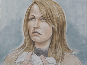 The 5th court room sketch by Yannik Lemay of Karla Homolka's hearing into restrictions that could be placed on her after being released from prison, in Joliette.