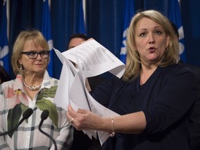 Quebec Deputy Premier and Minister responsible for the Status of Women Lise Theriault criticizes comments made my PQ MNA Carole Poirier on the treatment women receive from the government, April 19, 2016.