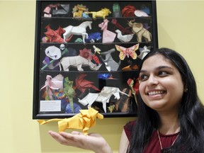 Anita Raj, with a lion: Working on the origami pieces "challenges your brain, which distracts and relaxes you."