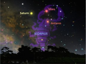 Mars joins Saturn and the star Antares in the constellation Scorpius at dawn in the eastern sky all month long. (A. Fazekas, SkySafari)