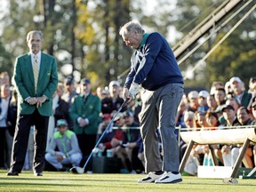Jack Nicklaus hits a ceremonial first tee before the first round of the Masters golf tournament Thursday, April 7, 2016, in Augusta, Ga.