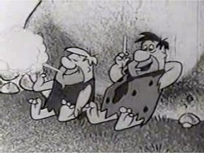 Fred and Barney in an episode of The Flintstones. The name of the show refers to flint, which when struck against an iron-containing rock, will make sparks fly!