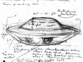 A sketch of a UFO reportedly observed in Falcon Lake, Man. in 1967 is shown in a handout sketch. A new report suggests UFO sightings in Manitoba are older than the province itself.Ufology Research, based in Winnipeg, says there have been just over 2,000 sightings of unidentified flying objects in the province in the last 200 years. THE CANADIAN PRESS/HO