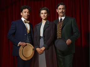 Michael Weston (left) is Harry Houdini, Rebecca Liddiard is Constable Adelaide Stratton and Stephen Mangan is Sir Arthur Conan Doyle in the new series Houdini and Doyle, debuting May 2 on Global and Fox.