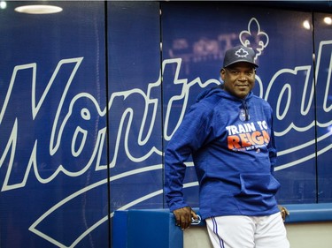 Former Montreal Expos player Tim Raines poses for a photograph ahead of the exhibition match between the Toronto Blue Jays and the Boston Red Sox at the Olympic Stadium in Montreal on Friday, April 1, 2016.