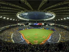 An overall view of the Olympic Stadium during the second inning of the exhibition match between the Toronto Blue Jays and the Boston Red Sox in Montreal on Friday, April 1, 2016.