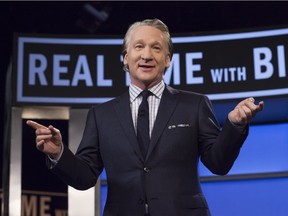 This April 8, 2016 photo released by HBO shows Bill Maher, host of "Real Time with Bill Maher," during a broadcast of the show in Los Angeles. Since premiering 13 years ago, Maher has provided an essential forum for smart discussion about politics and culture, with his opening monologue often the sharpest, best-crafted topical humor on television. (Janet Van Ham/HBO via AP)