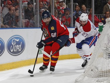 Alex Galchenyuk of the Montreal Canadiens pursues Jaromir Jagr of the Florida Panthers as he circles the net with the puck during first period action at the BB&T Center on April 2, 2016, in Sunrise, Fla.