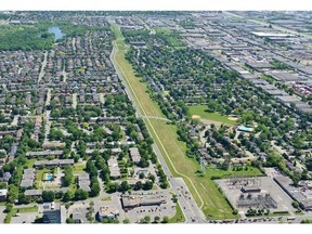 The Hydro-Quebec servitude in Dollard-des-Ormeaux. The location is the proposed site for a power line reconstruction project between a substation on Sources Blvd. to the another substation on St-Jean Blvd. The St-Jean substation (bottom left corner) will also be upgraded as part of the project.