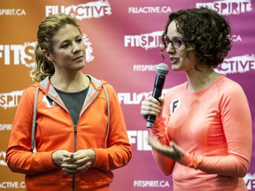 Sophie Grégoire-Trudeau, left, and FitSpirit president and funder Claudine Labelle, right at a FitSpirit event on Thursday April 14, 2016, in Montreal.