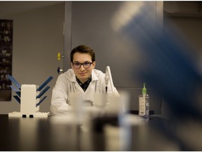 MONTREAL, QUE.: APRIL 11, 2016-- Malek Dhane in the chemistry lab at  Collegial International Sainte-Anne in Montreal on Monday April 11, 2016. Dhane is the recipient of the 2016 Morehead-Cain Scholarship, worth $200,000 US dollars. He will attend the University of North Carolina at Chapel Hill for four years. (Allen McInnis / MONTREAL GAZETTE)