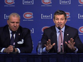 Canadiens general manager Marc Bergevin, right, addresses media for the post-season press conference with head coach Michel Therrien at the Bell Sports Complex in Brossard on Monday April 11, 2016.