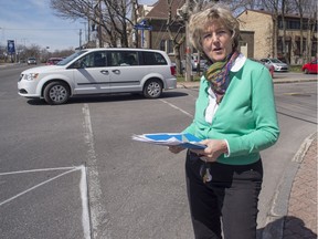 Mary Rainville, coordinator at the WIAIH residence in Pointe-Claire, stands on the corner of Prince Edward Ave. and Donegani Ave. on Monday, April 25, 2016. Residents and workers are asking the city to install a stop sign at the intersection, the site of a recent accident.   (Peter McCabe / MONTREAL GAZETTE) ORG XMIT: 56304
