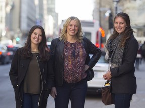 McGill professor Anita Nowak (centre) with students Maripaz Fernández (left) and Esther Jamieson from her introduction to social entrepreneurship and social innovation class in Montreal Tuesday, April 26, 2016.
