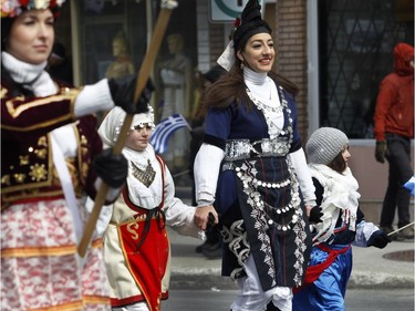 Participants were all smiles despite the cold weather during the annual Greek independence Day parade on Sunday, April 3, 2016,  in Montreal.