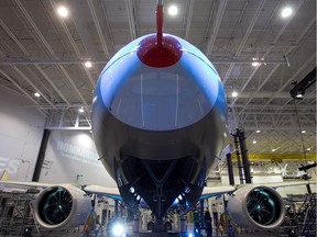 The nose of a Bombardier CSeries aircraft.