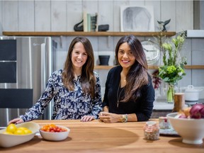 "I am so proud when people write to say they didn’t cook before and that now they feel good and confident in the kitchen. It is very rewarding," said Geneviève O'Gleman, left, co-author with Alexandra Diaz of Famille futée 2 , a cookbook crammed with healthful, quick and economical recipes. It was Quebec's bestselling book of 2015. They are seen here in the studio where they shoot their TV show, Cuisine Futée.