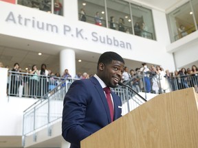 P.K. Subban, seen announcing a $10-million donation to the Montreal Children's Hospital in September 2015, will receive a community engagement award on May 12.