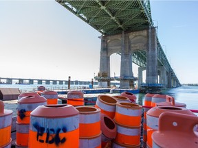 A view of construction cones and the underneath of the Champlain bridge.