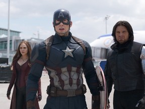 Marvel's Captain America: Civil War: Scarlet Witch/Wanda Maximoff (Elizabeth Olsen), Captain America/Steve Rogers (Chris Evans), and Winter Soldier/Bucky Barnes (Sebastian Stan). Photo Credit: Film Frame..© Marvel 2016