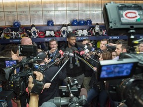 Montreal Canadiens defenceman P.K. Subban talks with reporters at the team training facility Monday, April 11, 2016 in Brossard, Que. "Under Michel Therrien, P.K. has progressed to a really young, fine defenceman," Habs GM Marc Bergevin says.
