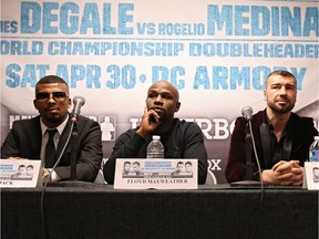 "I know how to break down an opponent," says Badou Jack, left, with Floyd Mayweather and challenger Lucian Bute at a news conference on April 1, 2016 in Washington, D.C.