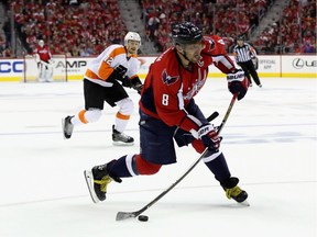 Alex Ovechkin of the Washington Capitals takes a shot on goal against the Philadelphia Flyers in the third period of the Flyers 2-0 win in Game Five of the Eastern Conference Quarterfinals during the 2016 NHL Stanley Cup Playoffs at Verizon Center on April 22, 2016, in Washington, DC.