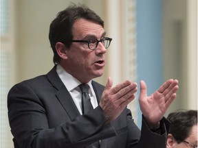 Quebec Opposition Leader Pierre-Karl Peladeau questions the government on Sam Hamad who stepped down from cabinet, during question period Tuesday, April 5, 2016 at the legislature in Quebec City.