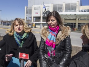 PQ ministers Carole Poirier (left), the MNA for Hochelaga-Maisonneuve and Diane Lamarre, the MNA for Taillon called a news conference Sunday to denounce what they say are failed promises by the Liberals to make significant improvements to Maisonneuve-Rosemont Hospital.