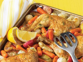 Roasting vegetables together with chicken parts at a high temperature makes a meal that is easy on the cook.