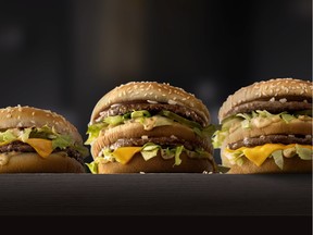 This photo provided by McDonald's shows, from left to right: McDonald's Mac Jr., Big Mac and Grand Mac.