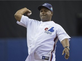 Expos Hall of Famer Tim Raines throws a ceremonial pitch as he honoured in a pregame ceremony before the Toronto Blue jays took on the Boston Red Sox in spring training baseball action on April 1, 2016, in Montreal.