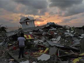 The sun sets in one of Ecuador's worst-hit towns, Pedernales, a day after a 7.8-magnitude quake hit on April 17, 2016.