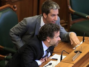 City councillors François Croteau, left, and François Limoges are seen in this June 2013 photo. Limoges announced Monday, May 16, 2016, he will run for Projet Montréal's top job.