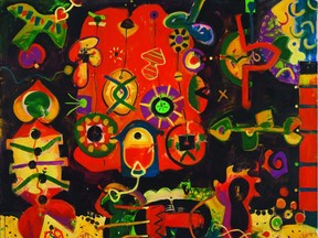 Edmund Alleyn incorporated imagined motifs from aboriginal cultures into abstract paintings such as Fête aux lanternes chez les Sioux, peuple pacifique.