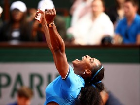 Serena Williams of the United States celebrates  during the Ladies Singles third round match against Kristina Mladenovic of France on Day 7 of the 2016 French Open at Roland Garros on May 28, 2016, in Paris.