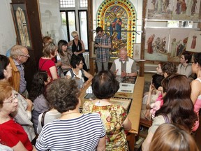 A guided visit to the Studio Nincheri during Montreal Museums Day in 2014. Guido Nincheri 1885-1973) was a Canadian painter and designer who worked mostly in stained glass and fresco. The stained glass studio in which he worked is the oldest in Quebec. Photo by Bernard Fougères.