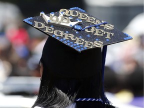 A student posts a personal message on her cap prior to undergraduate graduation exercises for Jackson State University's Class of 2016.