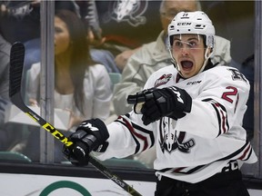 Red Deer Rebels' Adam Helewka celebrates his goal during second period CHL Memorial Cup hockey action against the Rouyn-Noranda Huskies in Red Deer, Alta., Sunday, May 22, 2016.