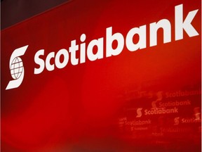 The Scotiabank, logo is seen at the company's annual meeting in Calgary, Tuesday, April 12, 2016.