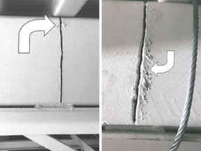 Pictures from CANAM Bâtiments report of cuts that were intentionally added to beams at the CHUM superhospital.