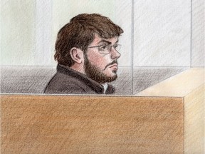 Court sketch of Ismael Habib, 28, of Montreal appearing in court in Gatineau on March 3, 2016.