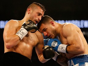 Glen Tapia, right, punches Laval's David Lemieux during the NABO middleweight fight at T-Mobile Arena on May 7, 2016, in Las Vegas.